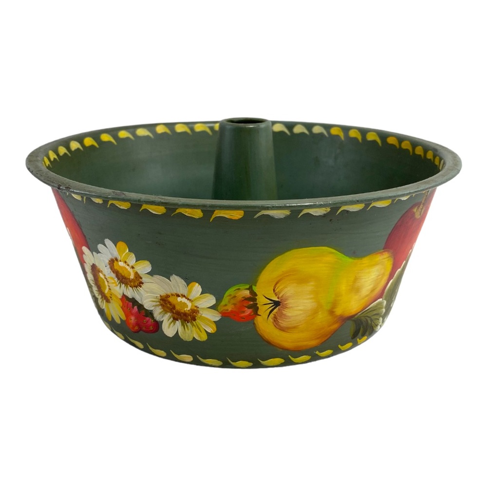 Vintage 80s Tole Paint Cake Ware Floral Fruit Hand Painted 9” Pan
